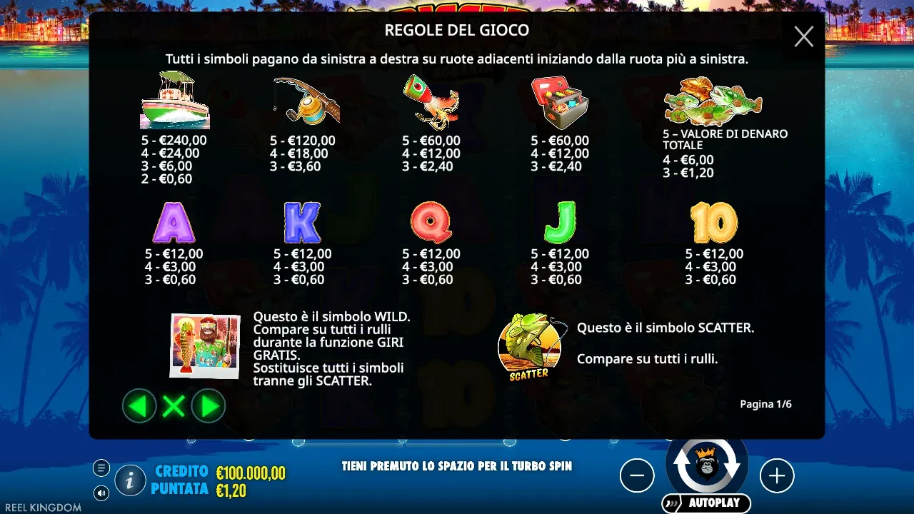 Tabella dei pagamenti di Bigger Bass Bonanza a 1,20 euro di puntata, con il valore di denaro totale per cinque pesci