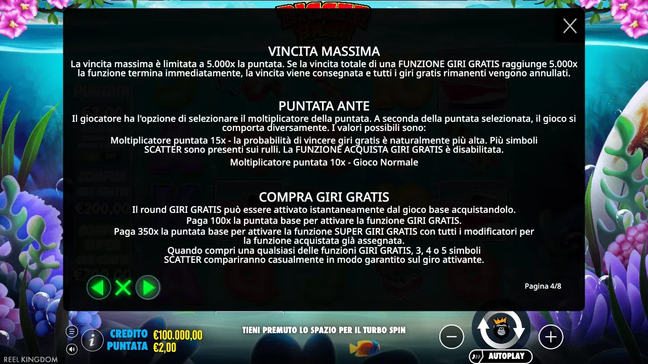 Regole di Bigger Bass Splash: vincita massima 5.000x, Puntata Ante con moltiplicatore 15x e acquisto a 100x o 350x
