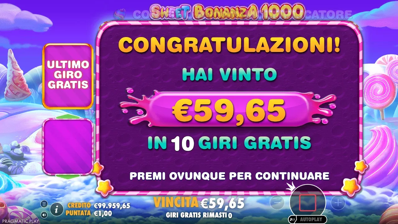 Sweet Bonanza 1000: Congratulazioni, hai vinto 59,65 euro in 10 giri gratis