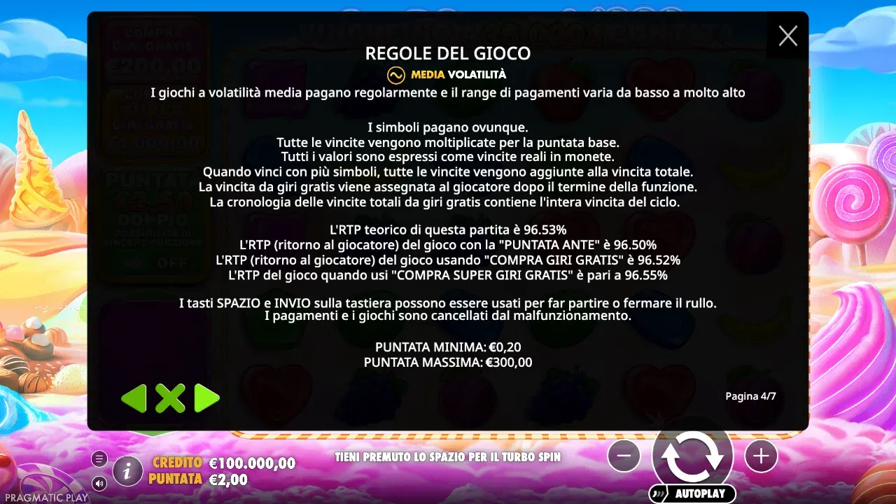 Regole di Sweet Bonanza 1000: RTP 96,53%, con Puntata Ante 96,50%, acquisto 96,52% e super acquisto 96,55%
