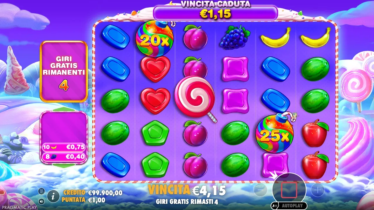 Sweet Bonanza 1000 nei giri gratis con le bombe da 20x e 25x e la catena da 1,15 euro per 45