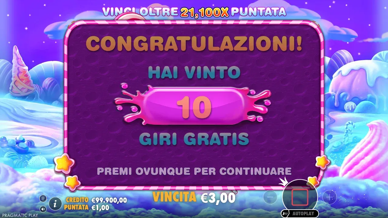 Sweet Bonanza: Congratulazioni, hai vinto 10 giri gratis, premi ovunque per continuare