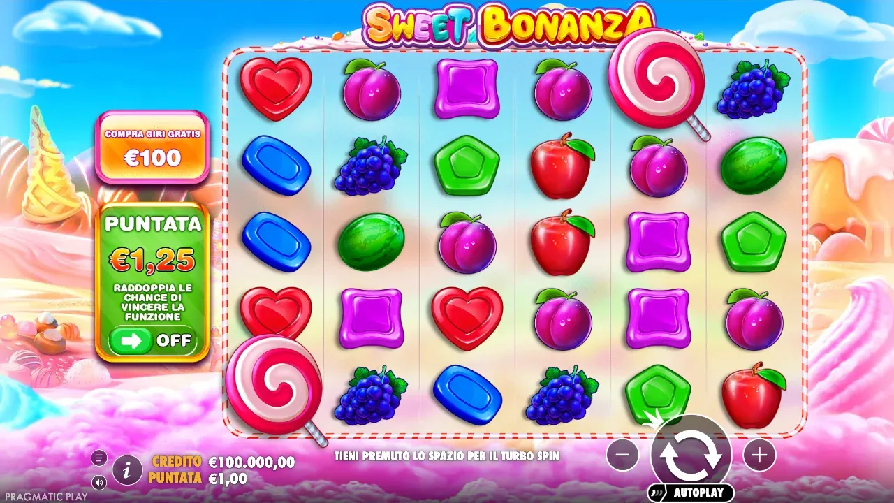 Demo di Sweet Bonanza con puntata di 1 euro e 100.000 euro di credito prima del primo giro della prova