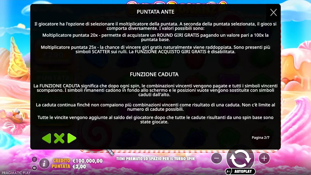 Regole di Sweet Bonanza sulla Puntata Ante: moltiplicatore 25x con probabilità raddoppiata, acquisto disattivato