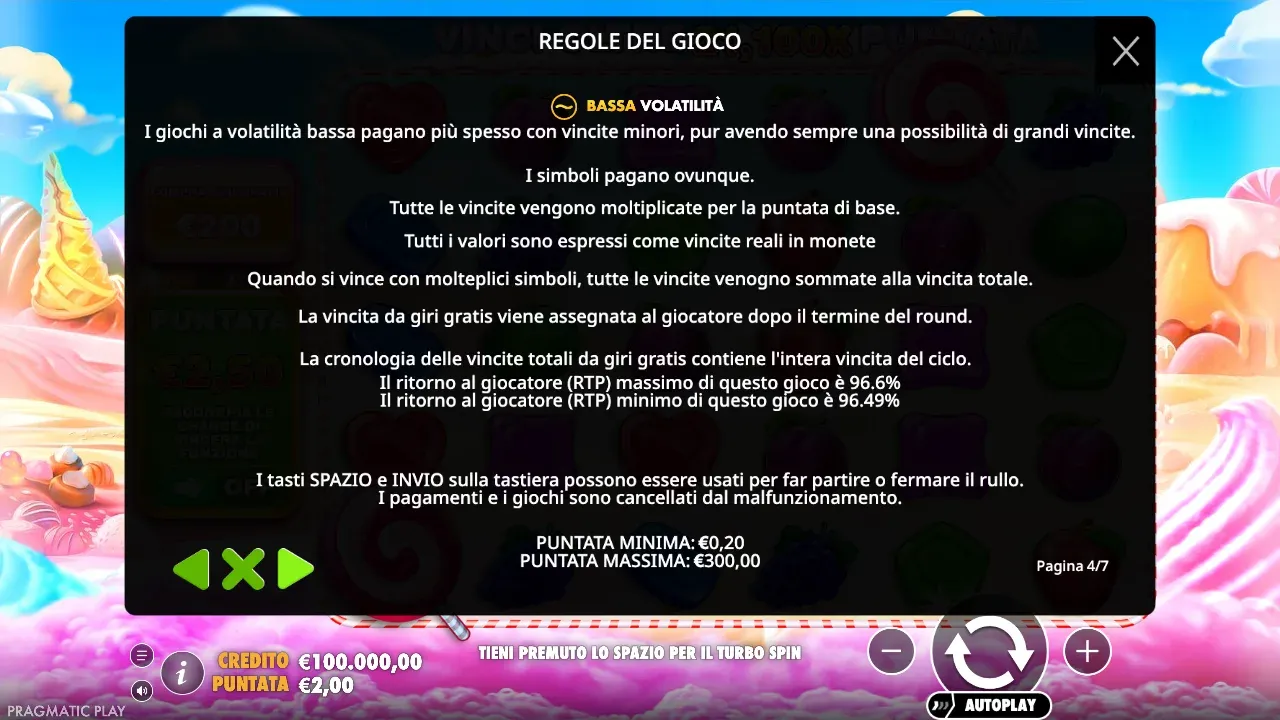 Regole di Sweet Bonanza: bassa volatilità, RTP massimo 96,6% e minimo 96,49%