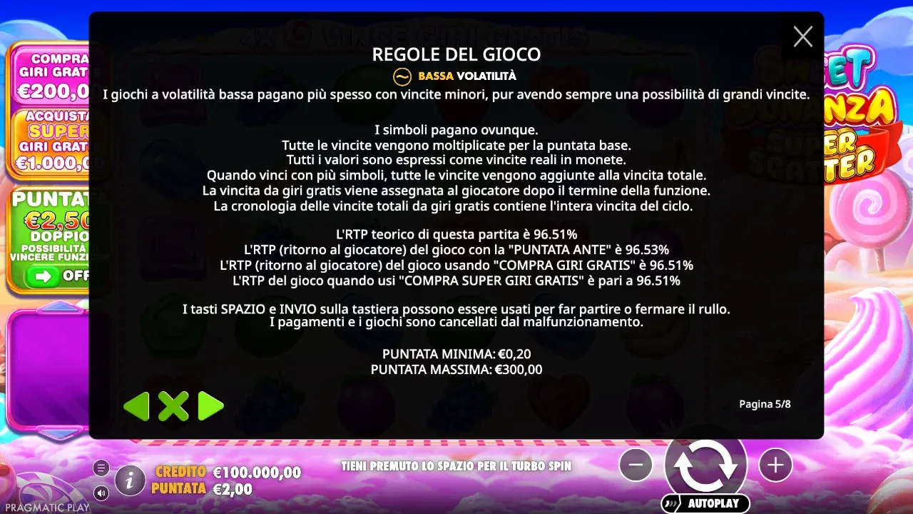 Regole di Sweet Bonanza Super Scatter: bassa volatilità, RTP 96,51%, con Puntata Ante 96,53%