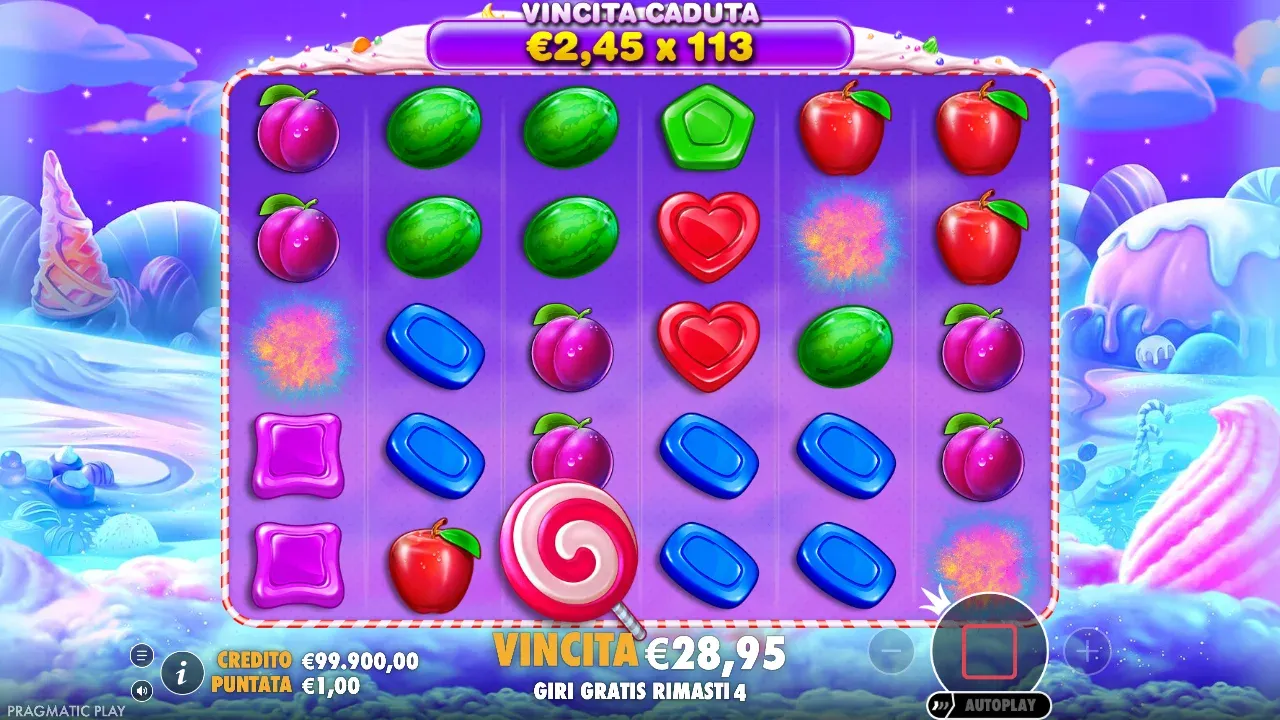 Sweet Bonanza, scritta Vincita caduta 2,45 euro per 113 durante i giri gratis