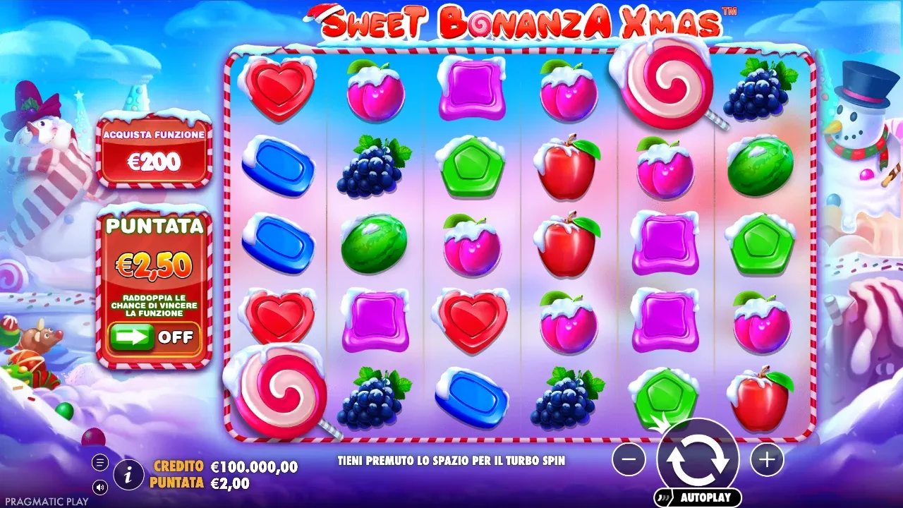 Sweet Bonanza Xmas nella demo italiana: frutta con la neve, Acquista funzione e Puntata Ante